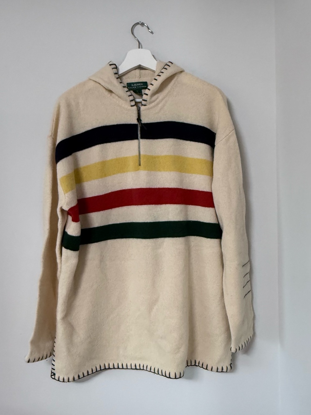 Vintage Lauren Ralph Lauren Women L Lambswool Stripe Hooded Quarter Zip Sweater